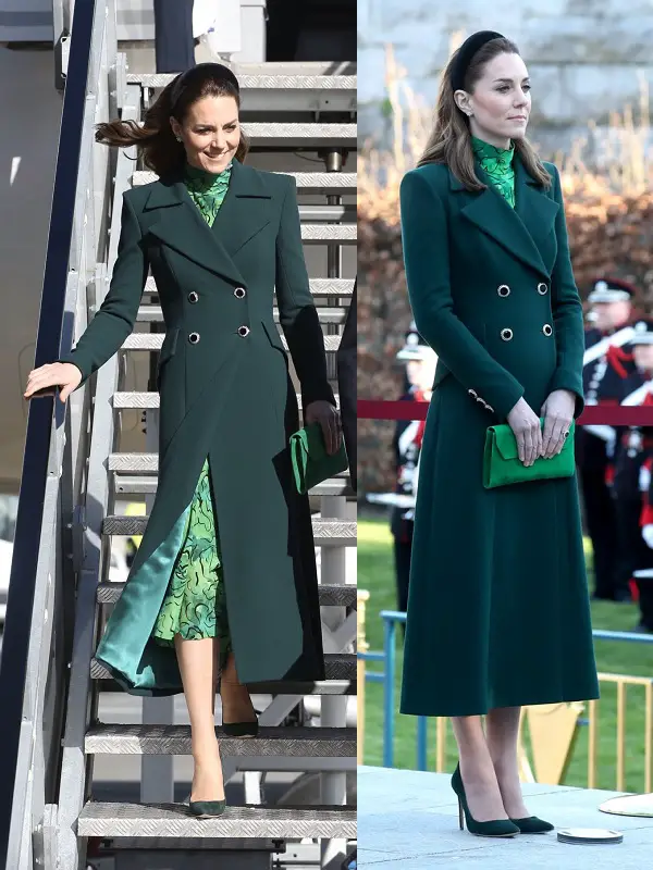 The Duchess of Cambridge wore Catherine Walker Green Double Breasted coat in 2020 for Ireland visit