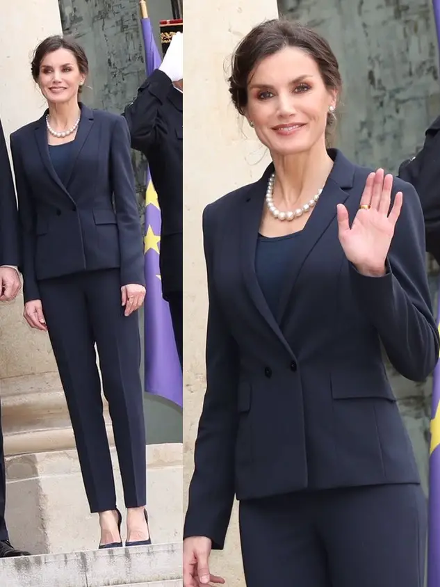 Queen Letizia wore navy Hugo Boss suit to France