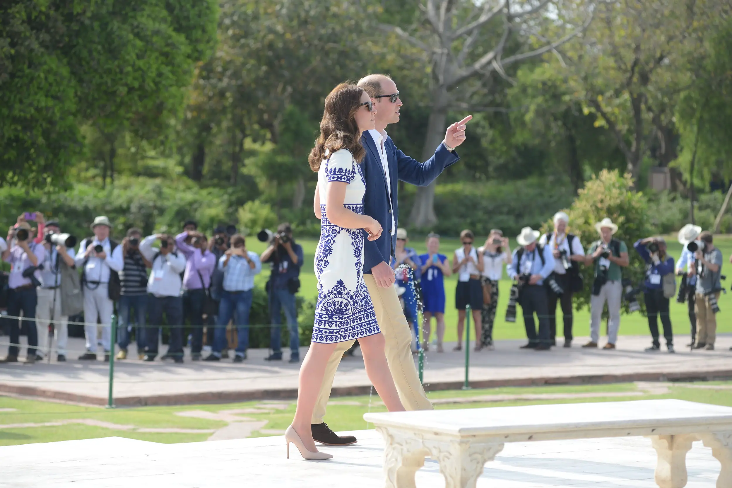 Prince William and Catherine during the walk in the gardens of The Taj Mahal