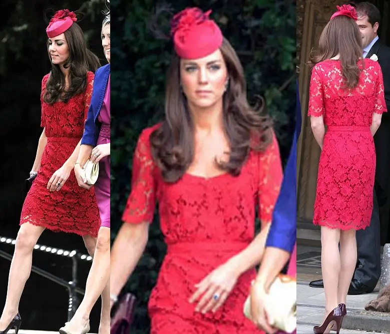 Duchess of Cambridge wore Collette Dinnigan Red Lace Dress with Rachel Trevor Morgan Hat at the wedding of Thomas Sutton and Harriet Colthurst in September 2011