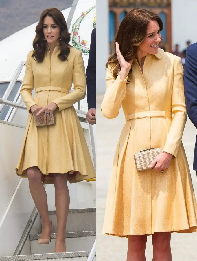 The Duchess of Cambridge wore yellow Emilia Wickstead Dress for arrival in Bhutan