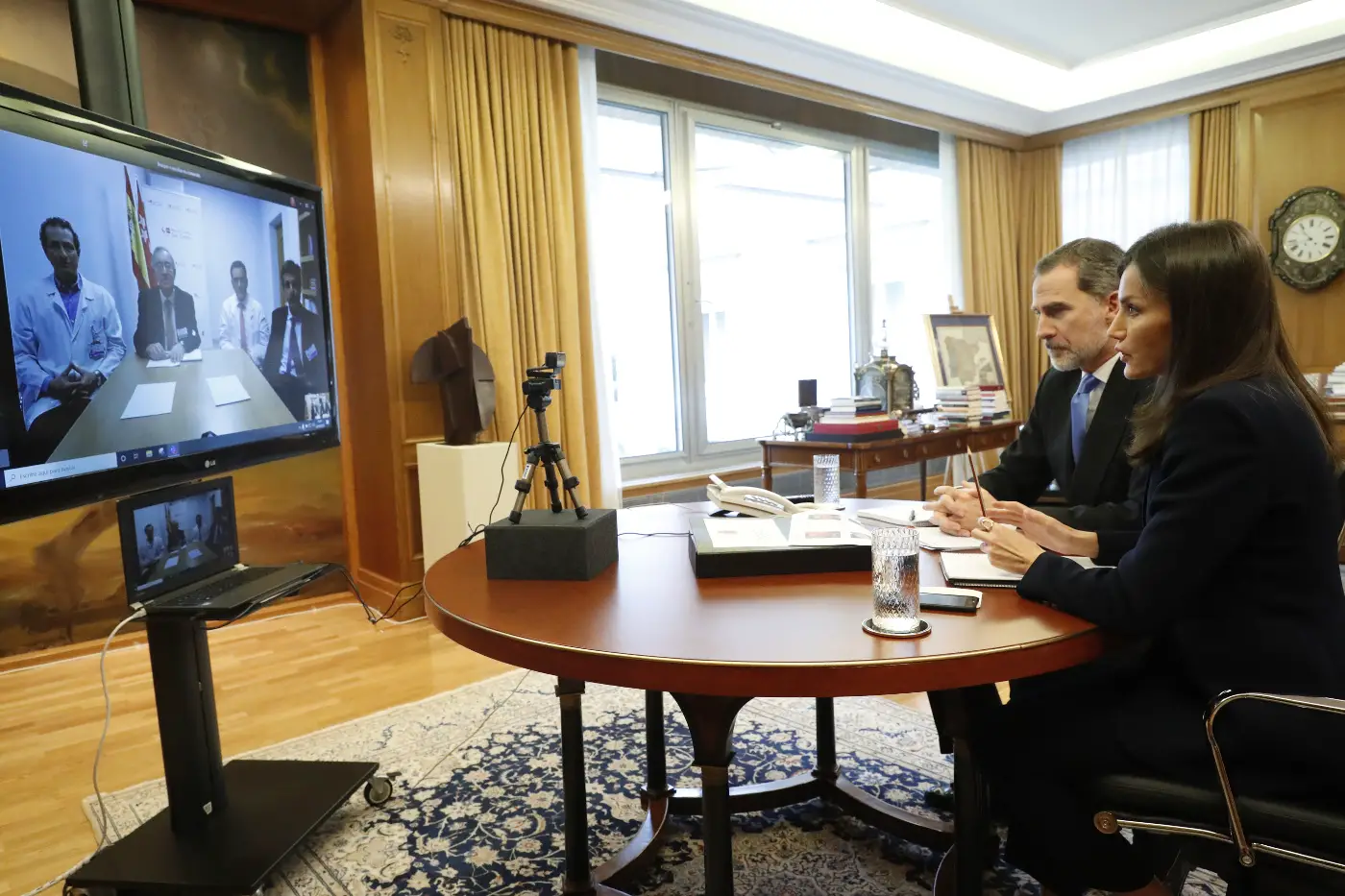 Queen joined King Felipe for a video conference with the medical team and scientist at the Hospital Clínico San Carlos de Madrid