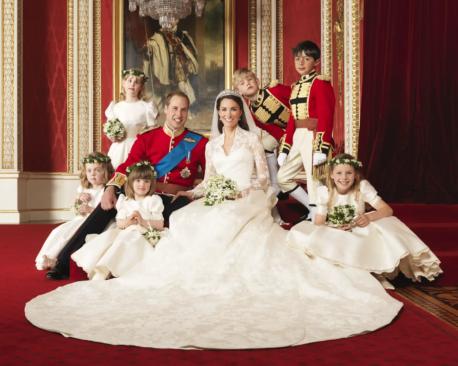 The Royal Wedding at Buckingham Palace on 29th April 2011: The Bride and Groom, TRH The Duke and Duchess of Cambridge in the centre with attendants, (clockwise from bottom right) The Hon. Margarita Armstrong-Jones, Miss Eliza Lopes, Miss Grace van Cutsem, Lady Louise Windsor, Master Tom Pettifer, Master William Lowther-Pinkerton, Taken in the Throne Room. Picture Credit: Photograph by Hugo Burnand