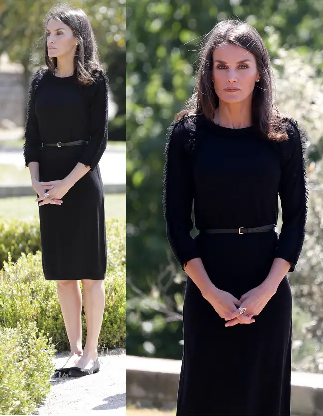 Queen Letizia wore knee-length black dress with fringe detail on the sleeves