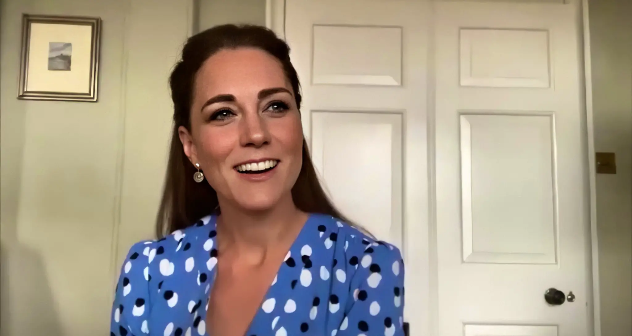 The Duchess of Cambridge made a video call to the nurses around the globe on international nurses day. She wore Altuzarra Aimee Polka-Dot Button-Front Dress