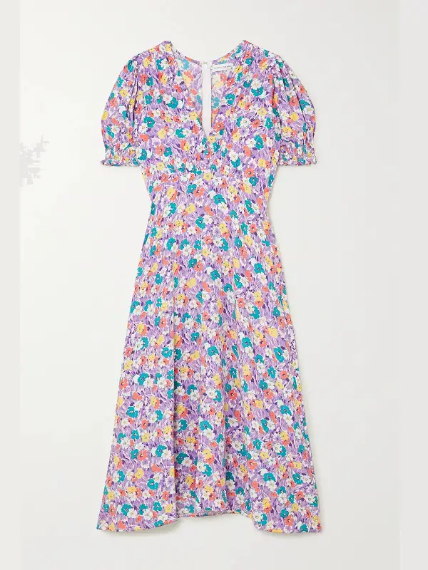 The Duchess of Cambridge wore Faithfull the Brand Marie-Louise floral-print crepe midi dress to the Nook in Norfolk