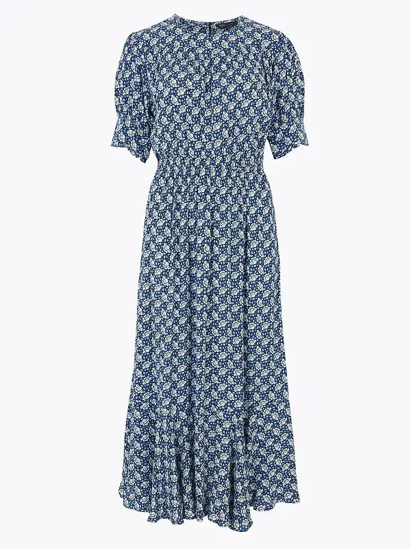 The Duchess of Cambridge wore Marks & Spencer Printed Yoke Midi Waisted Dress for an online assembly