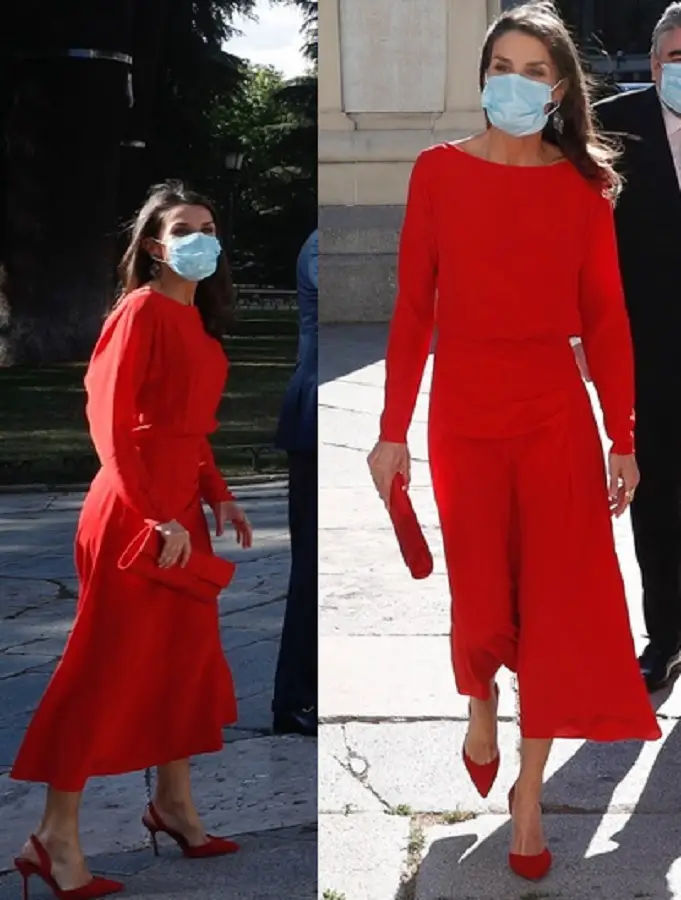 Queen Letizia of Spain in Red Massimo dutti satin Midi Dress for the launch of Spain for Sure Campaign at Prado National Museum in London