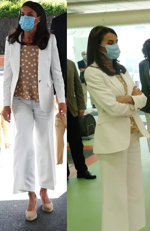 Queen Letizia of Spain wore white blazer and culotte style trouser with Mango polka dot top