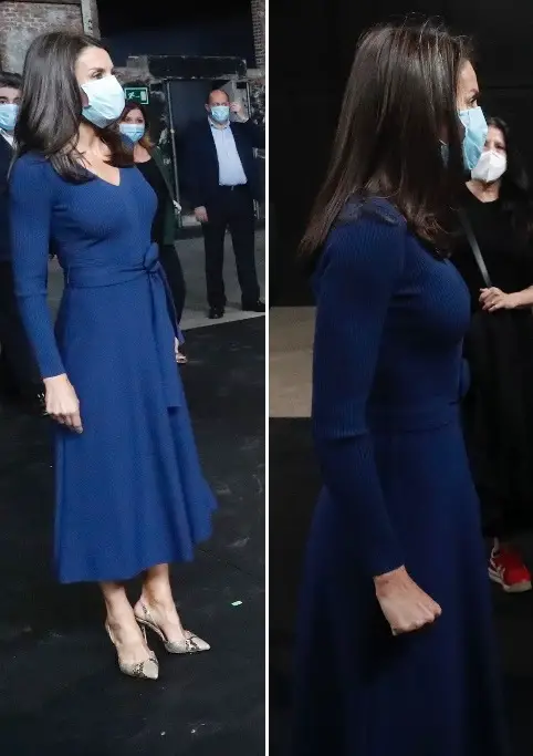Queen Letizia wore dark blue Massimo Dutti v-neck belted dress