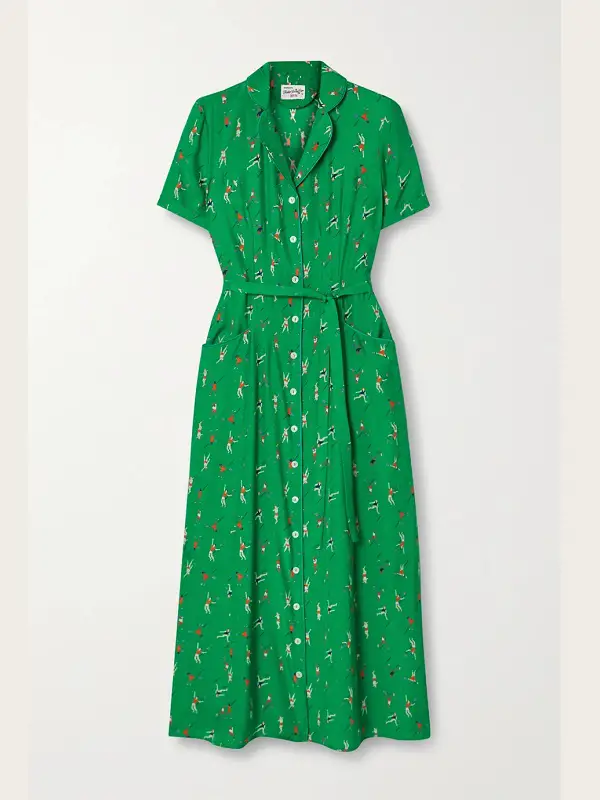 The Duchess of Cambridge wore HVN Maria belted printed silk crepe de chine midi dress for a video call with Andy Murray and school kids