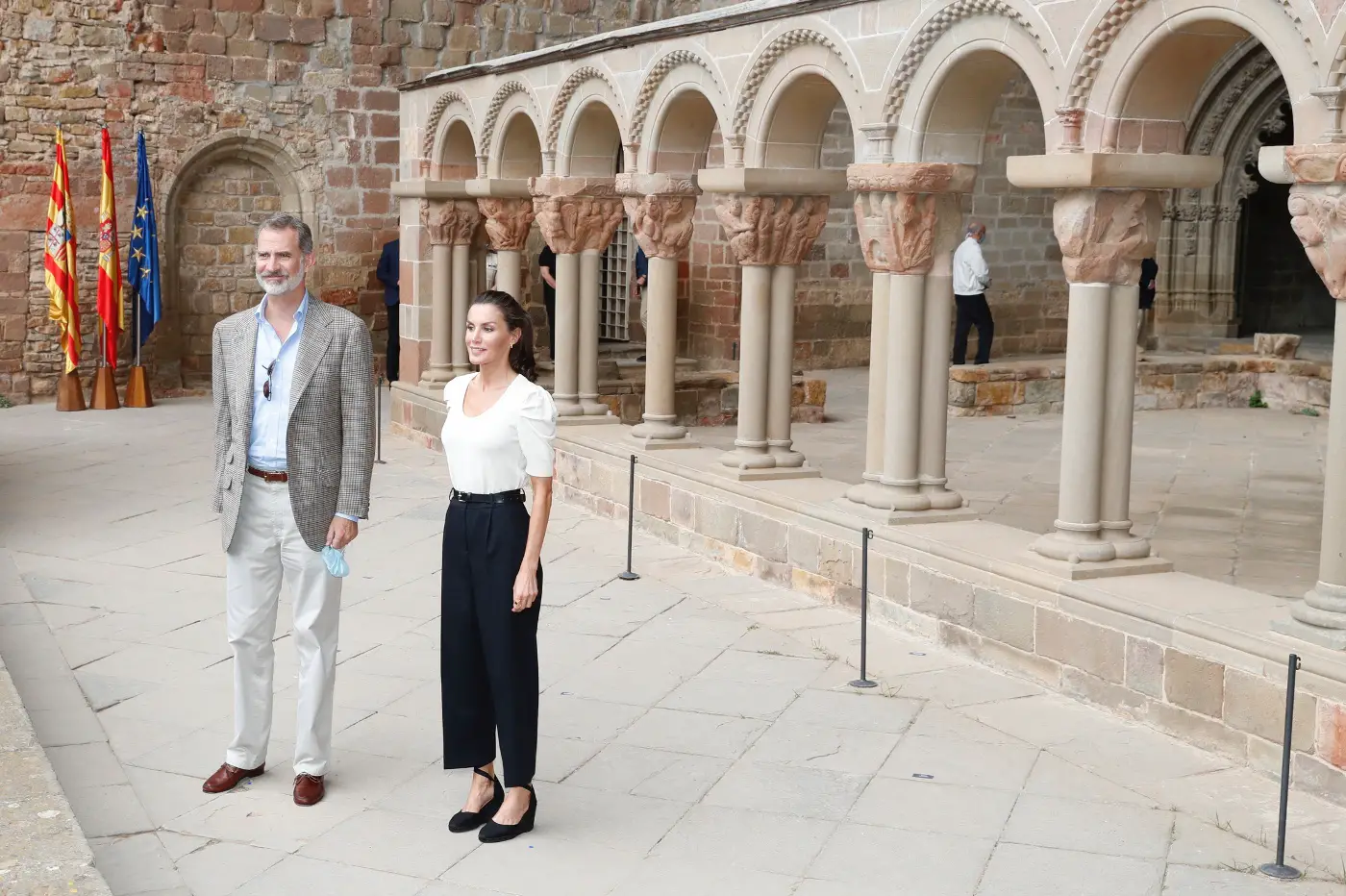 King Felipe and Queen Letizia of Spain at Monastery of San Juan de la Peña in front of the Romanesque Cloister in Huesca