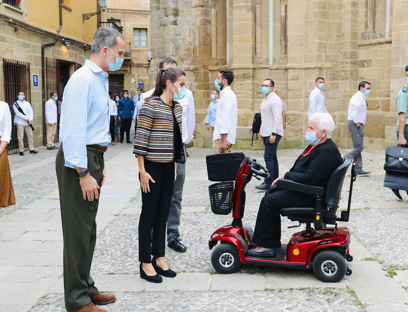 King Felipe and Queen Letizia of Spain talking to the residents of Santo Domingo de la Calzada