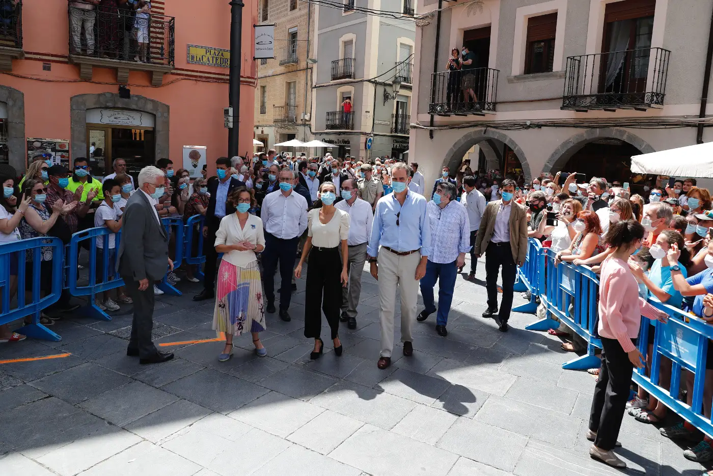 King Felipe and Queen Letizia of Spain walking towards the Cathedral of Jaca