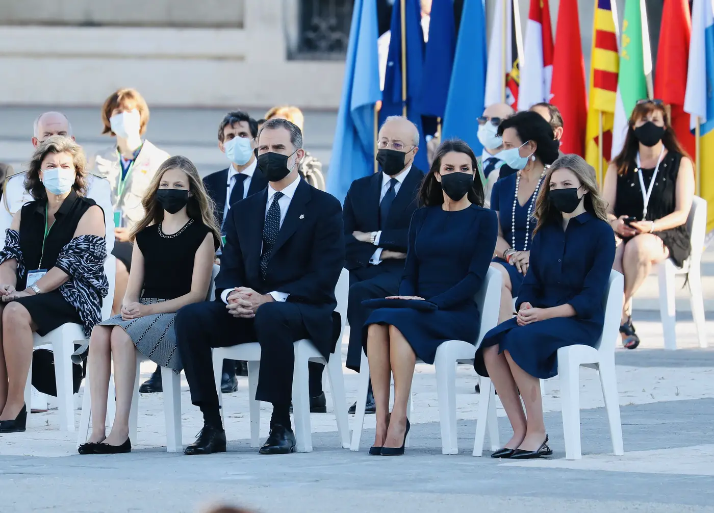 King Felipe and Queen Letizia of Spain with Leonor and Sofia at the Solemn act of tribute to the victims of Covid-19 and recognition of society