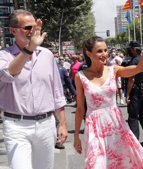 Queen Letizia in white and pink floral Adolfo Dominguez dress to visit Valencia