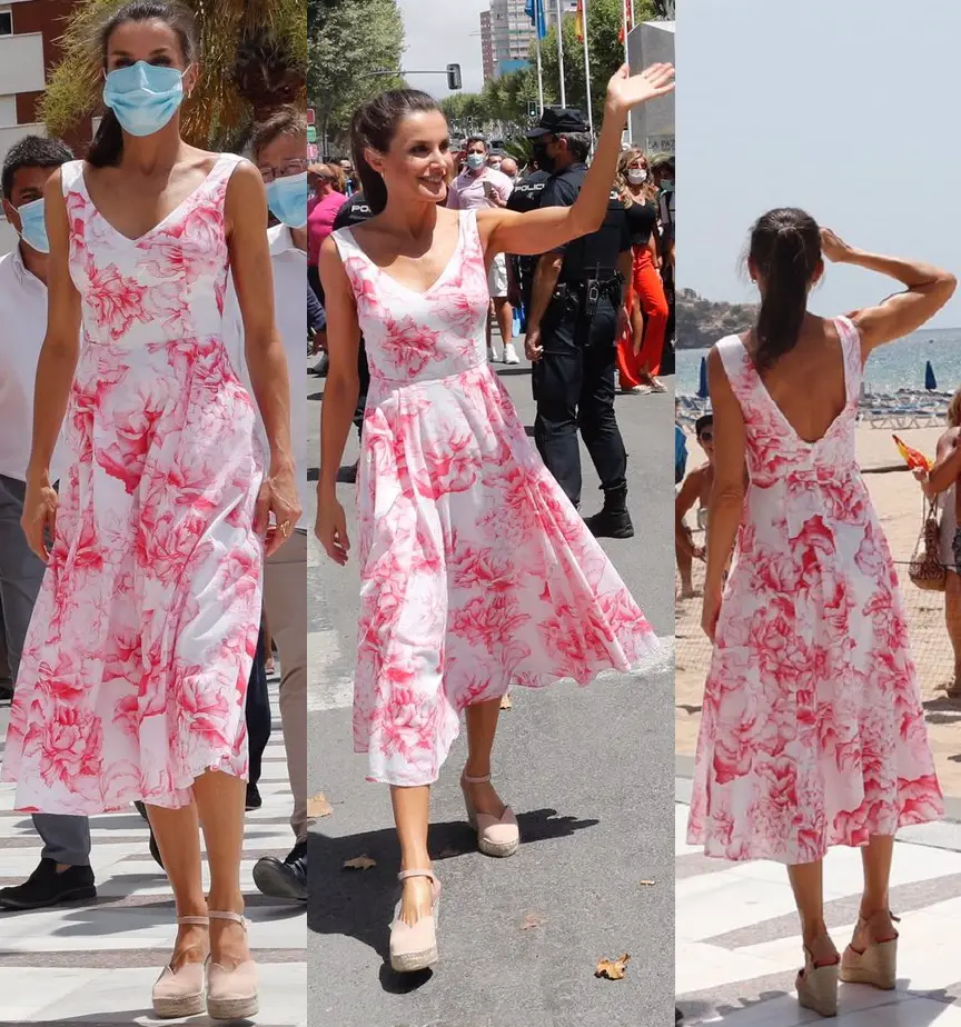 Queen Letizia of Spain in White and Pink Adolfo Dominguez Summer Dress to visit Valencia