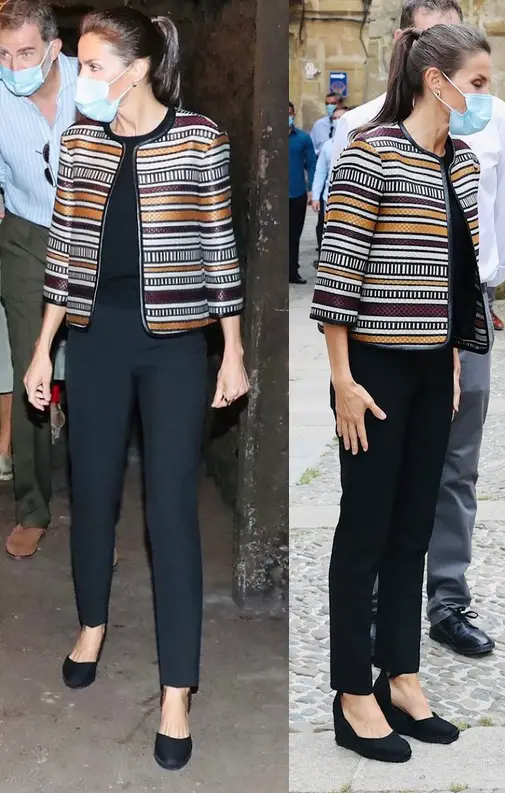 Queen Letizia of Spain wore black top and trouser with Uterque jacket