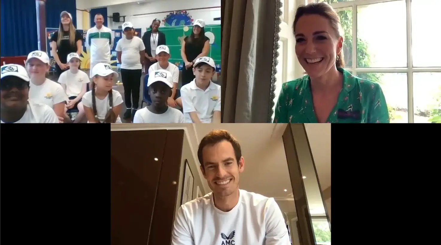The Duchess of Cambridge joined Tennis chamption Andy Murray and school kids for a video call