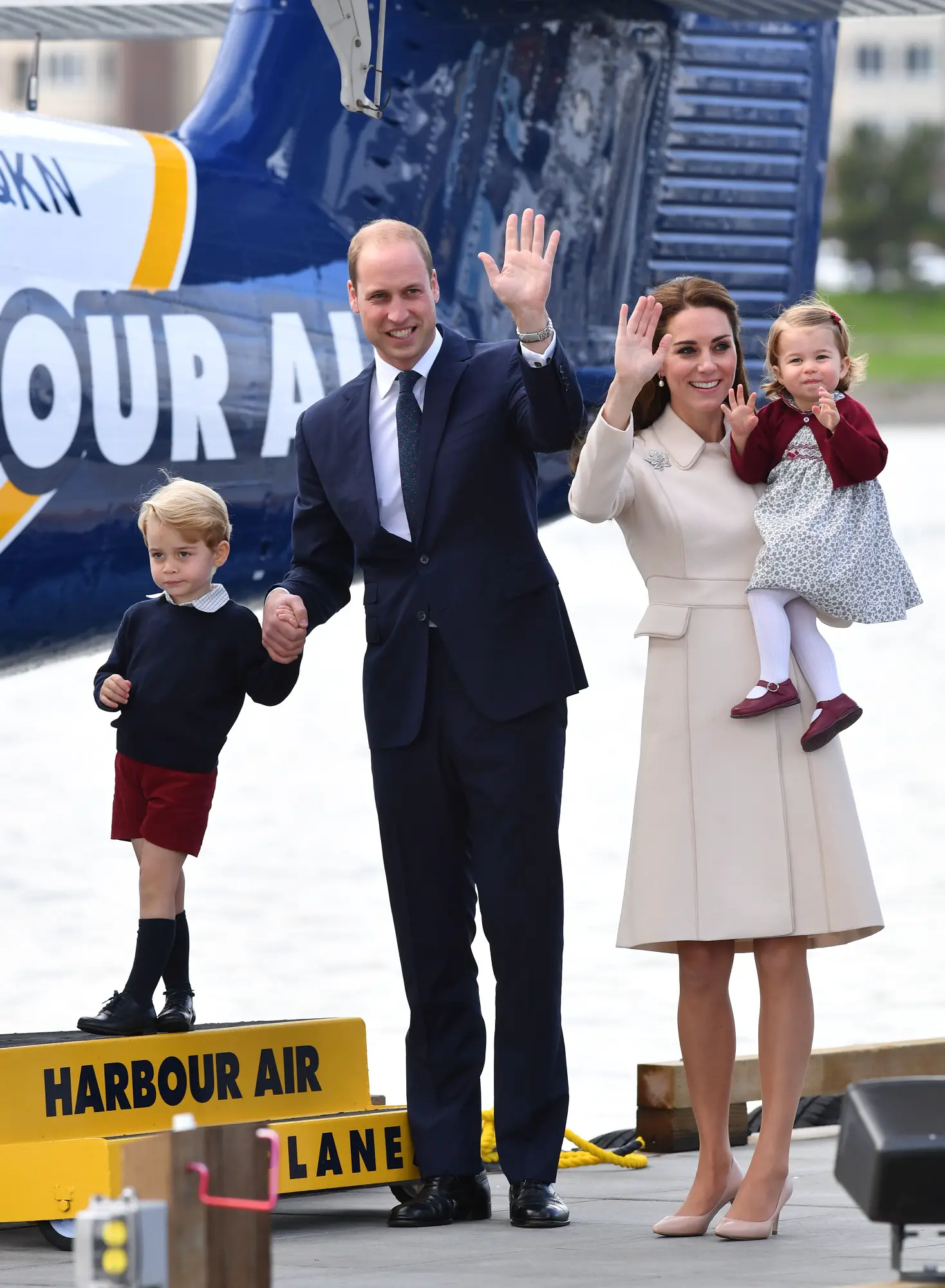 The Duke and Duchess of Cambridge, Prince George and Princess Charlotte after a ceremony to mark their departure at Victoria Harbour seaplane terminal in Victoria during the Royal Tour of Canada.