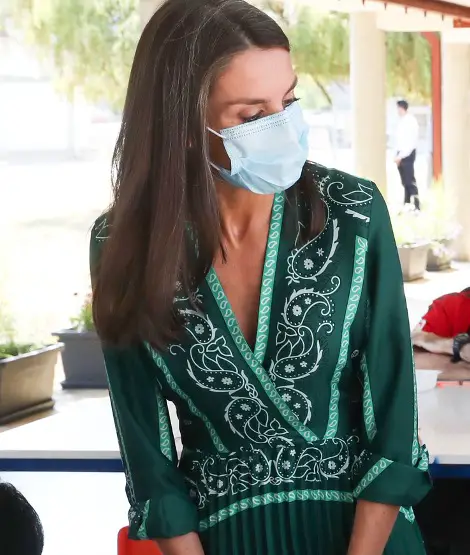 Queen Letizia of Spain in green Sandro Press for a visit to Navarra