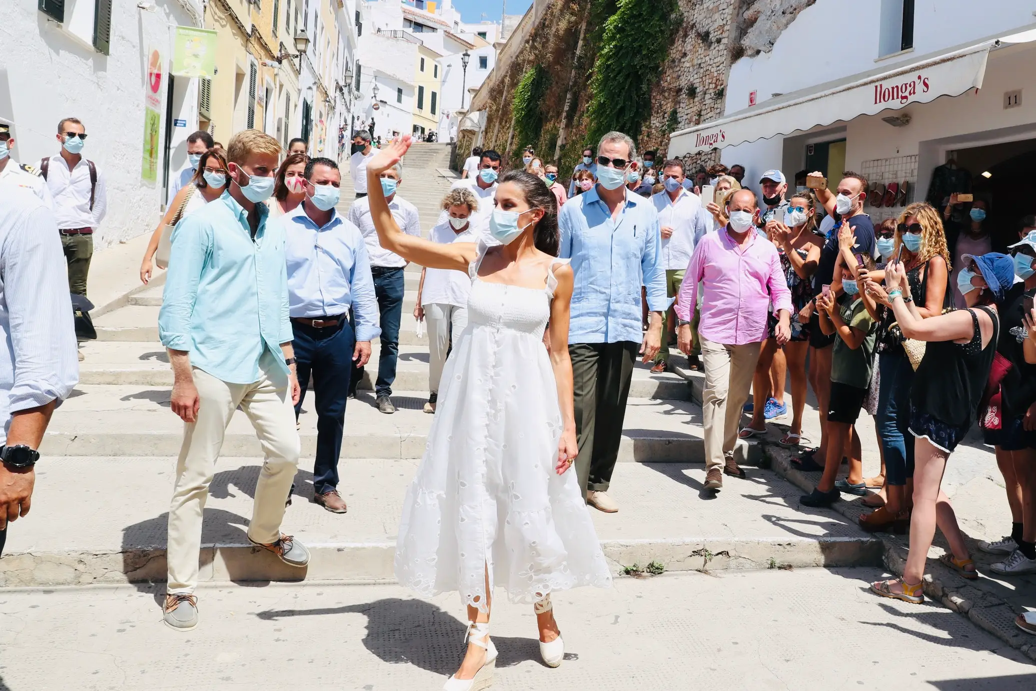 Queen Letizia of Spain in white summer Uterque dress for the tour of Island of Menorca