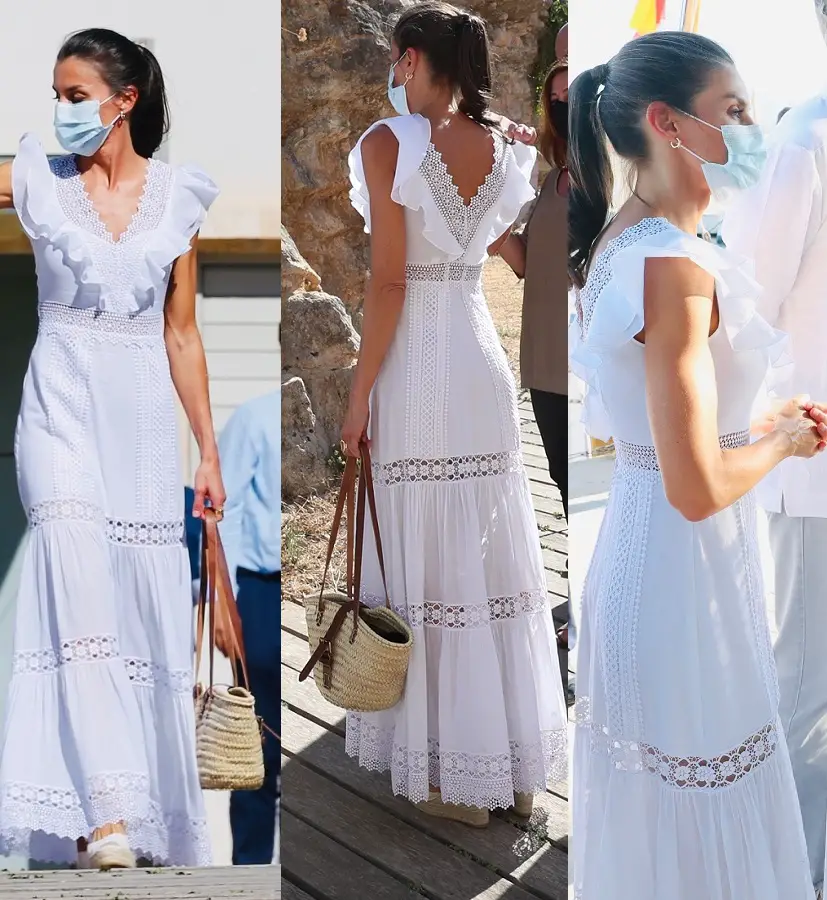 Queen Letizia of Spain wore Charo Ruiz Ibiza Aida lace long dress during Ibizia visit during summer break