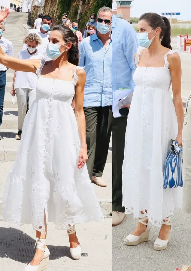 Queen Letizia of Spain wore Uterque White Embroidered Organza Dress in Menorca