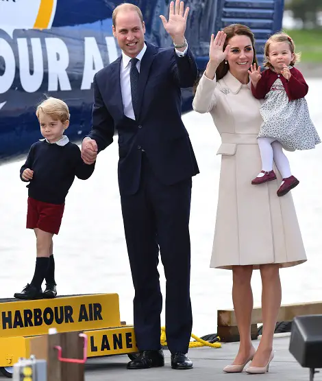 The Duke and Duchess of Cambridge, Prince George and Princess Charlotte after a ceremony to mark their departure at Victoria Harbour seaplane terminal in Victoria during the Royal Tour of Canada.