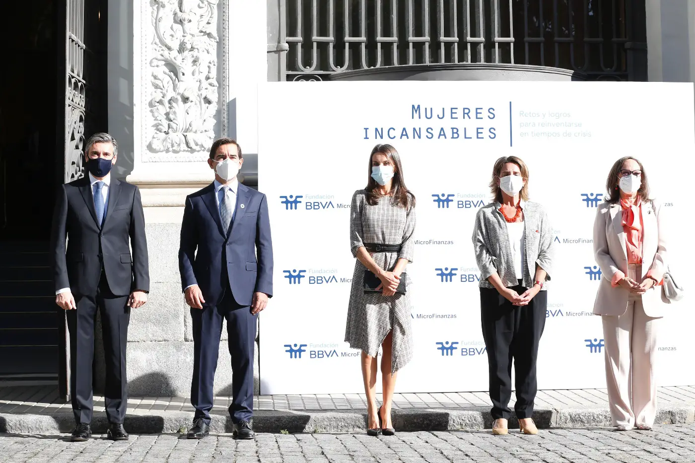 Queen Letizia of Spain chose Pedro Del Hierro Checked Belted Dress for BBVA foundation event