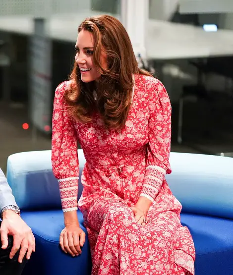 The Duchess of Cambridge in Beulah London pink dress for a day out in London after lockdown