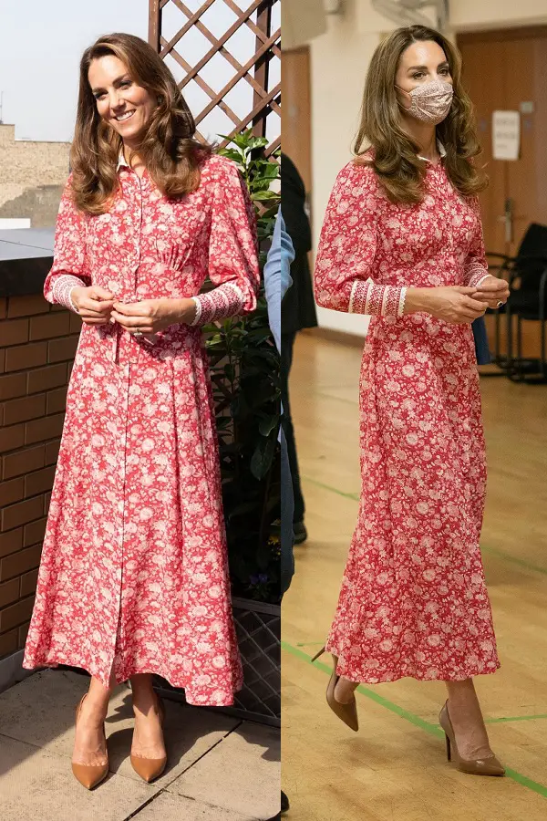 The Duchess of Cambridge wore Beulah London Calla Rose Red Dress to visit London Communities after COVID-19 lockdown in September 2020