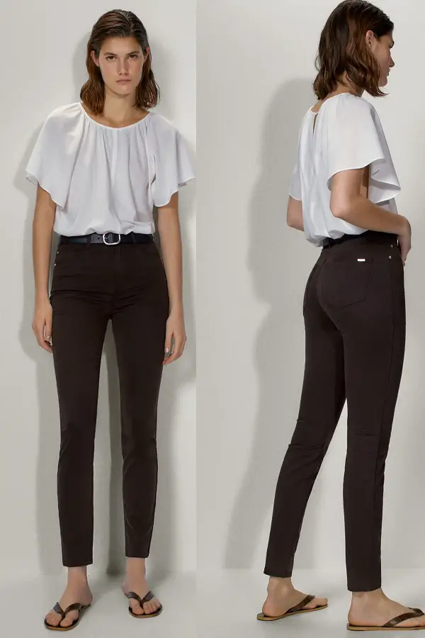 The Duchess of cambridge wore Massimo Dutti Chocolate Skinny Fit High Rise Satin Trouser