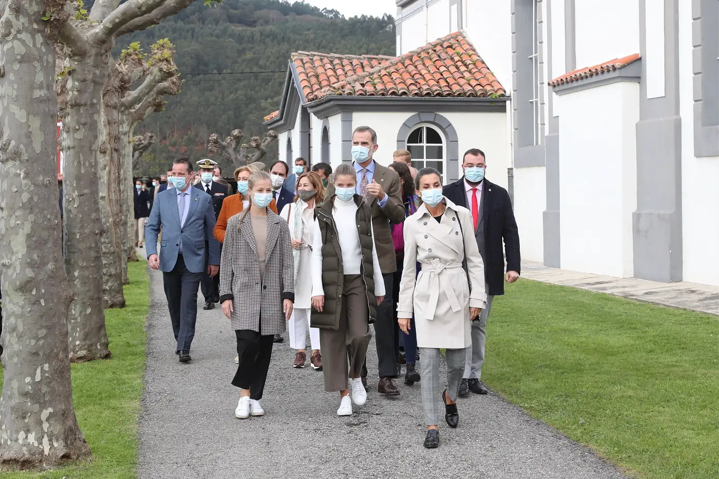 Queen Letizia in Boss Cirala coat during a visit Somao Exemplary Town of Asturias 2020