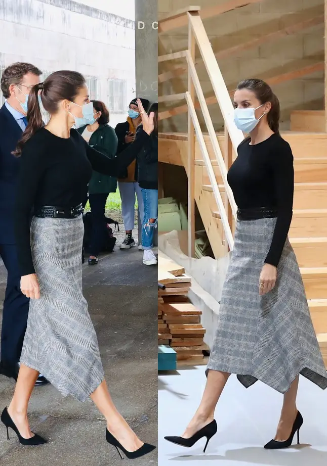 Queen Letizia of Spain in Massimo Dutti skirt and black knit for Vocational Course Opening