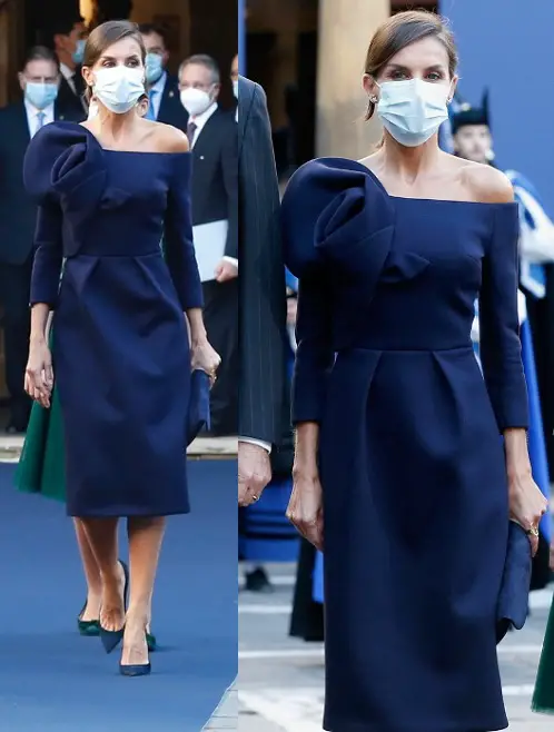 Queen Letizia of Spain wore blue Delpozo off-shoulder dress for Princess of Asturias Awards in 2020