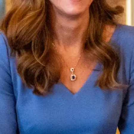 The Duchess of Cambridge wore Sapphire and Diamond Diana Pendant in October 2020