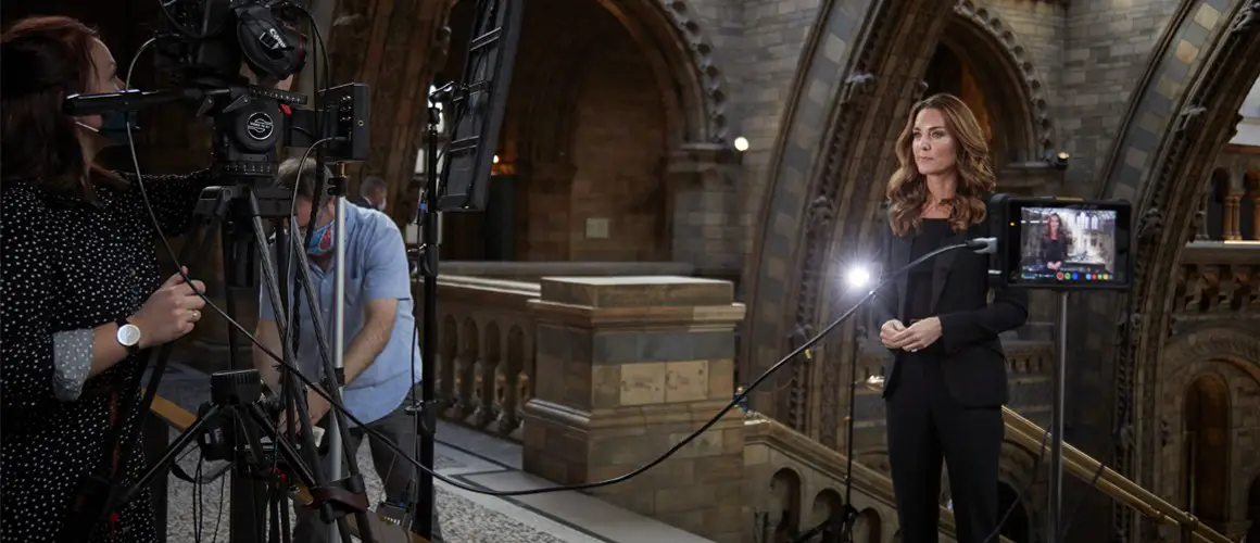 The Duchess of Cambridge appeared in Natural History Museum video wearing a black power Alexander McQueen suit