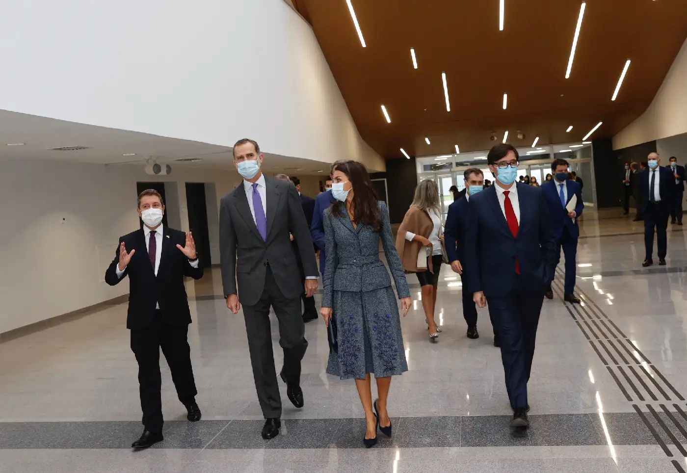 Queen Letizia in Felipe Varela blue tweed suit to visit the new Toledo University Hospital
