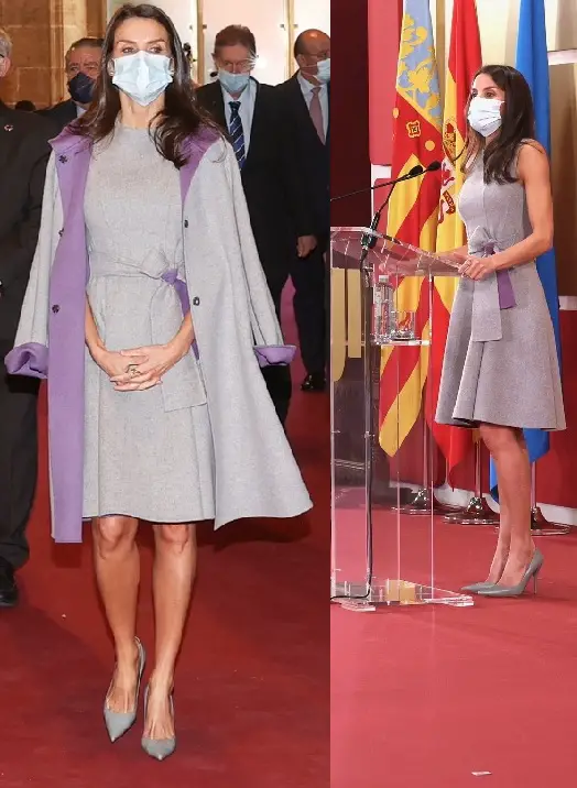 Queen Letizia of Spain pearl grey-purple Carolina Herrera wool coat and sleeveless dress