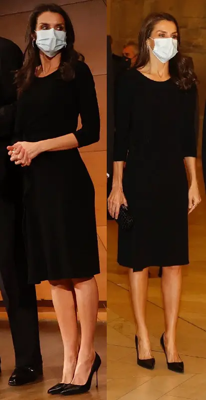 Queen Letizia of Spain wore black Armani Ruffle dress with Manolo Blahnik Pumps and Coolook earrings at the Journalism awards