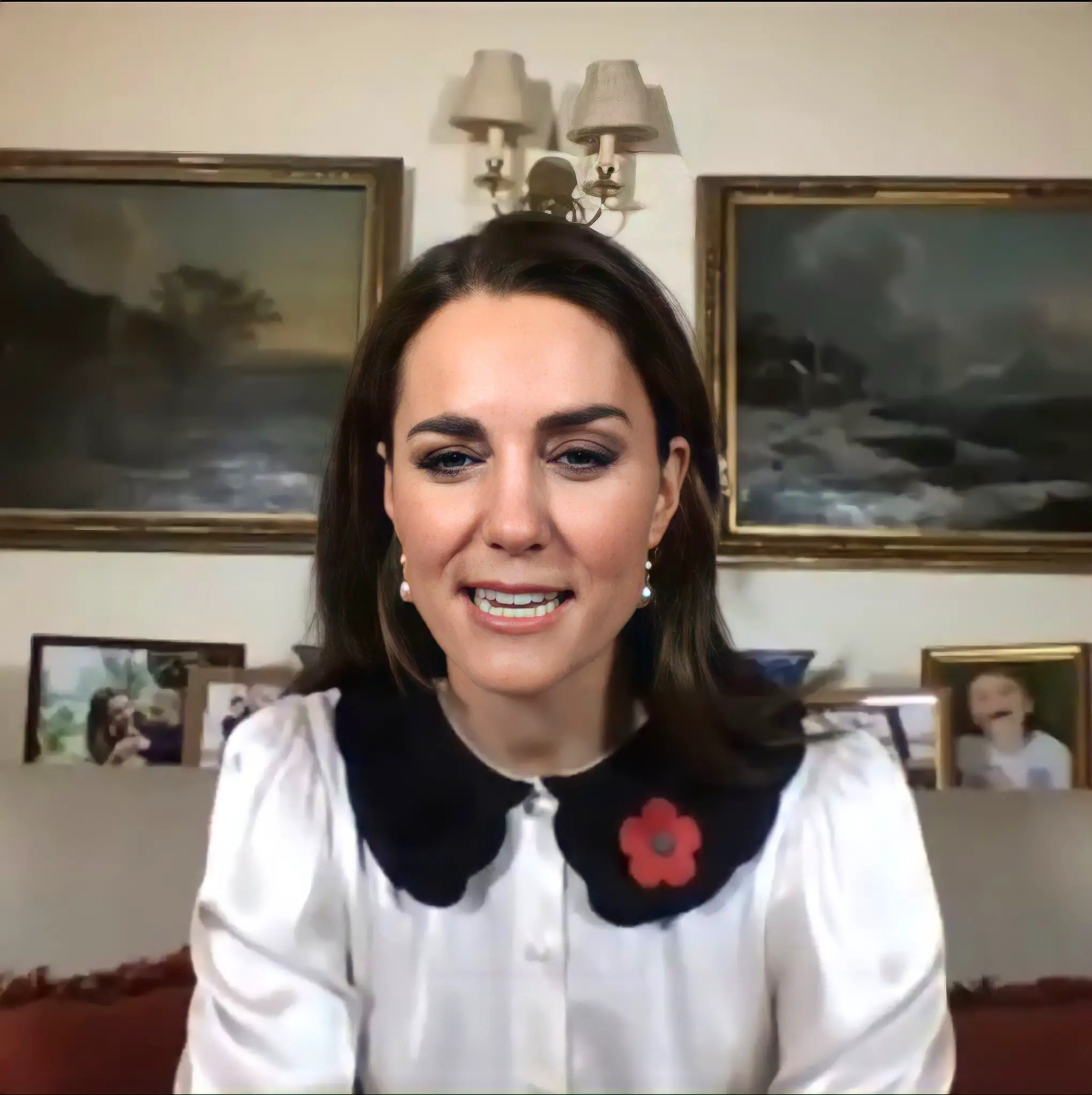 The Duchess of Cambridge wore Ghost Boo Blouse for a video call to mark Remembrance Week