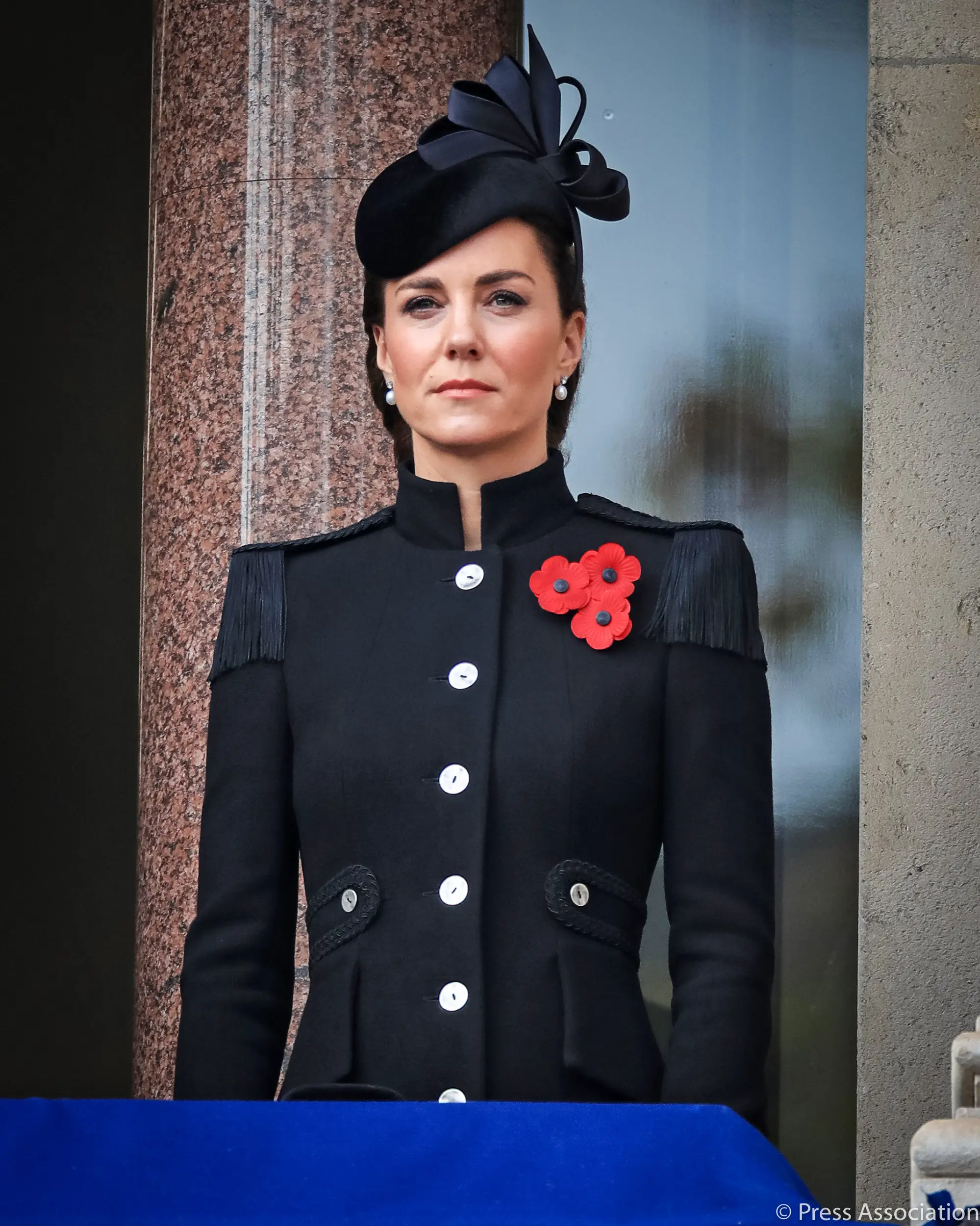 The Duchess of Cambridge wore black Catherine Walker Coat and Philip Treacy Hat at 2020 Remembrance Day Service