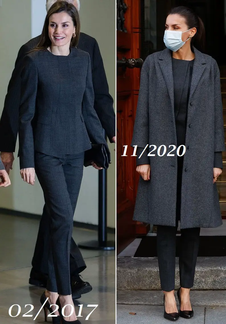 Queen Letizia of Spain wore Nina Ricci Twill Tweed coat and Hugo Boss suit for FundéuRAE meeting