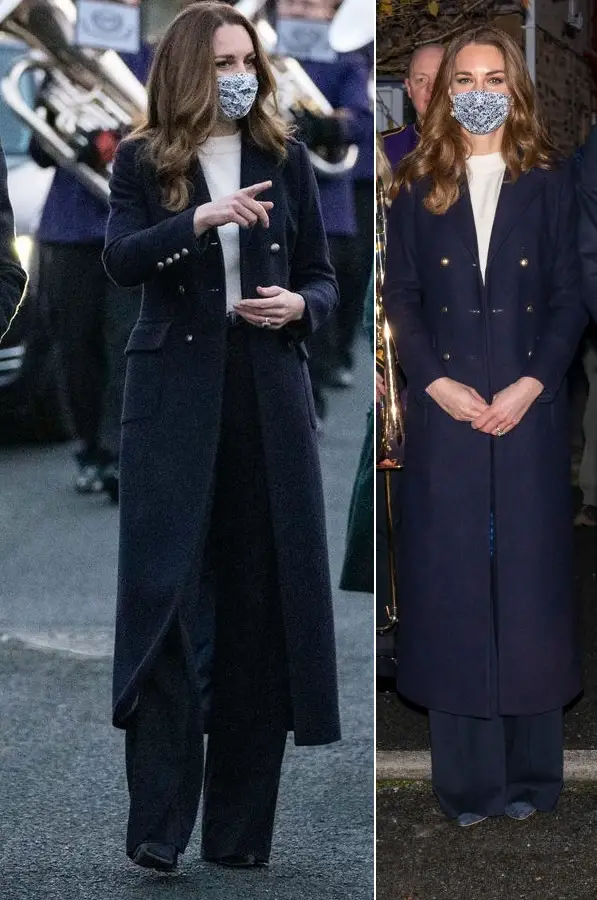 The Duchess of Cambridge wore Hobbs Bianca coat with Jigsaw trouser and Emmy London shoes for a visit to Batley and Manchester