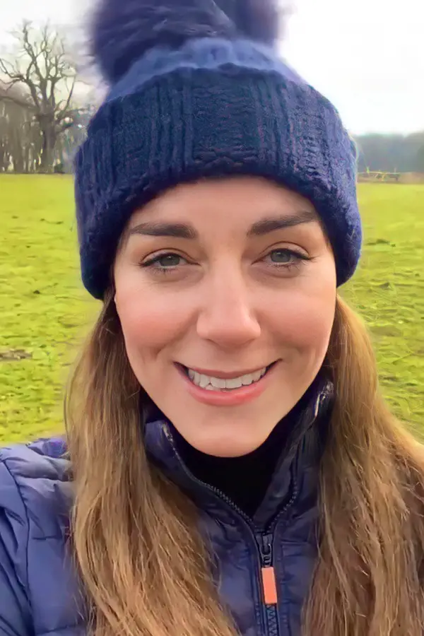 The Duchess of Cambridge in navy Babour jacket and bobble beanie for Children Mental Health Week video message