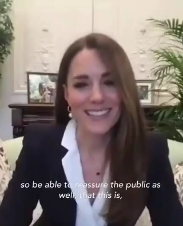 The Duchess of Cambridge donned black blazer with white shirt for a video call with nurses from Queen's Sandringham Estate