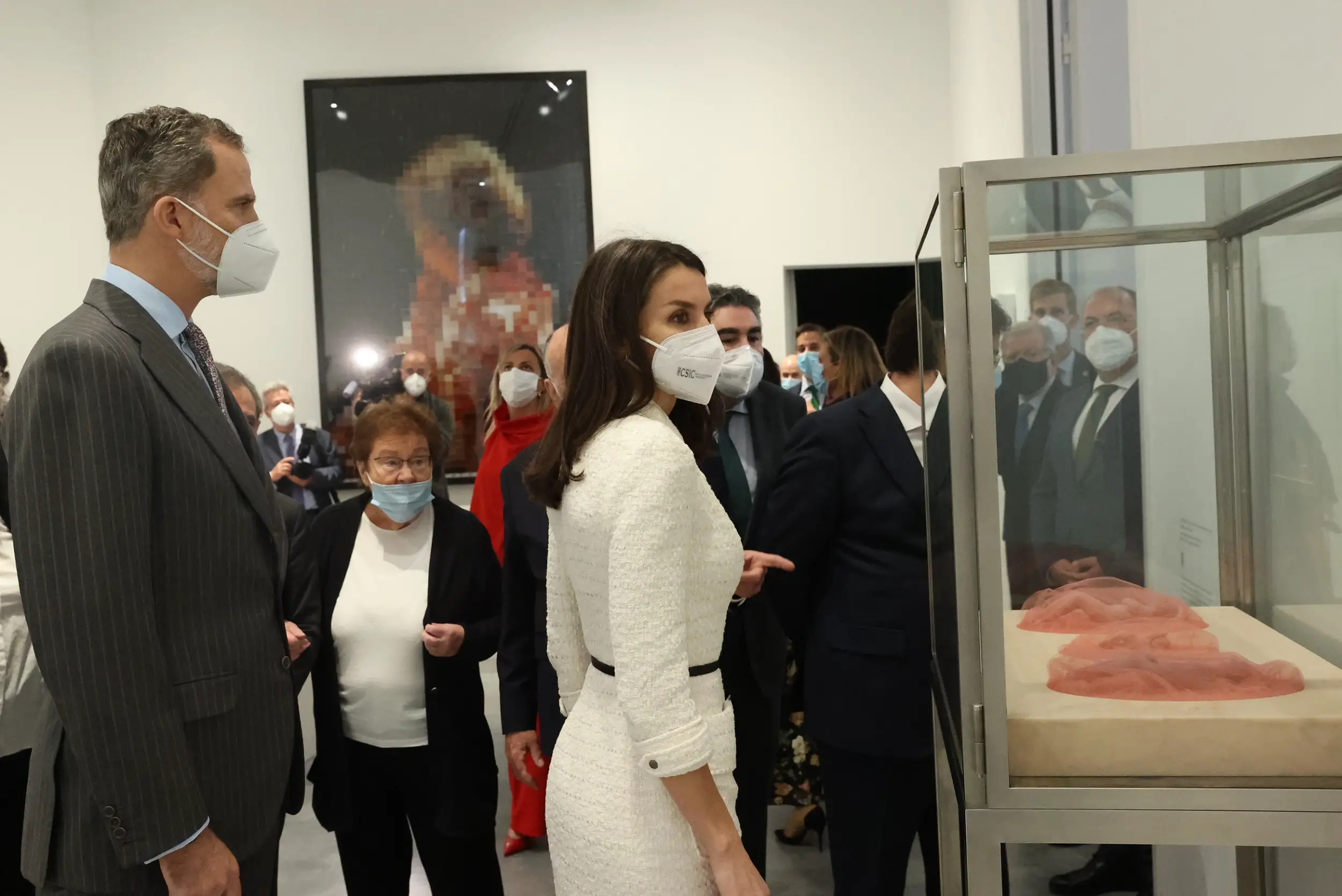 Queen Letizia of Spain wore white tweed Felipe Varela to the Art Museum opening