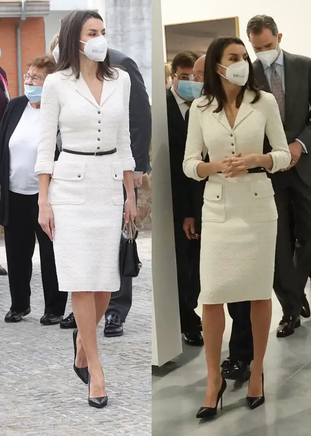 Queen Letizia of Spain wore a white Felipe Varela tweed dress to inaugurate the new building of the Museum of Contemporary Art of the Helga de Alvear Foundation