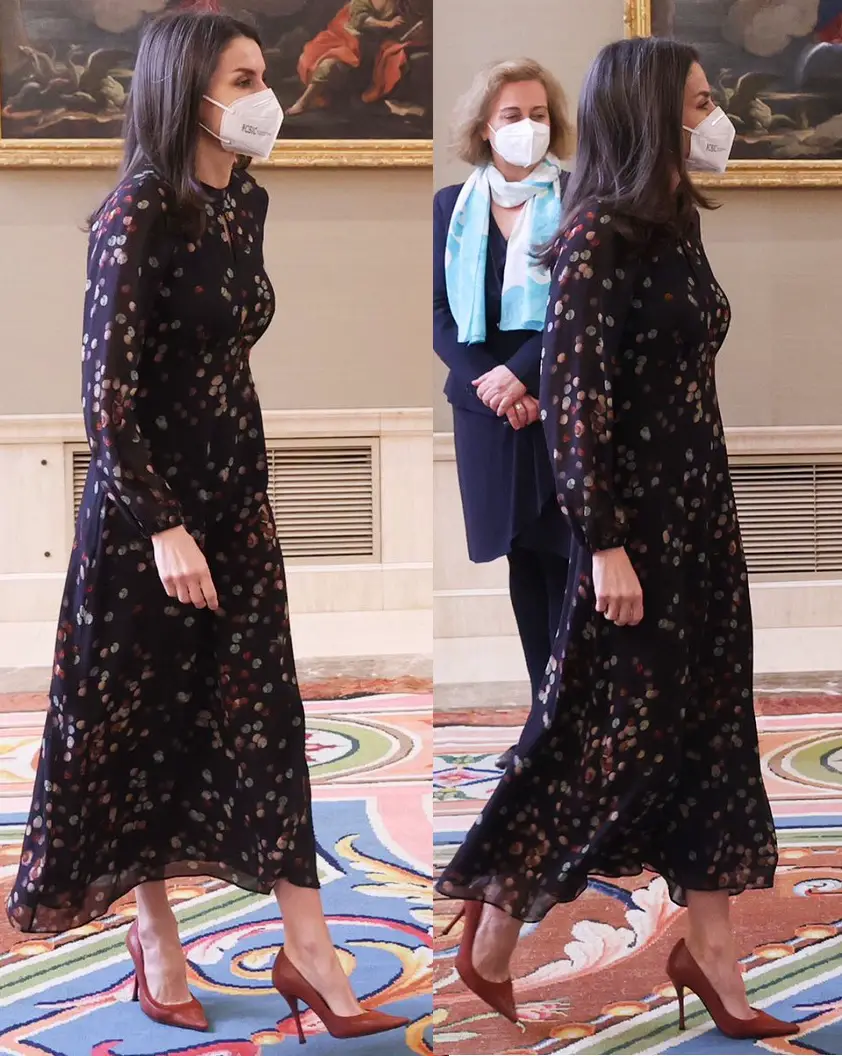 Spanish Queen Letizia was wearing her Massimo Dutti Confetti Print Shirt Dress for the Palace audience
